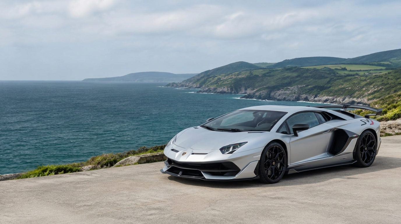 Silver Lamborghini Aventador SVJ overlooking the coast